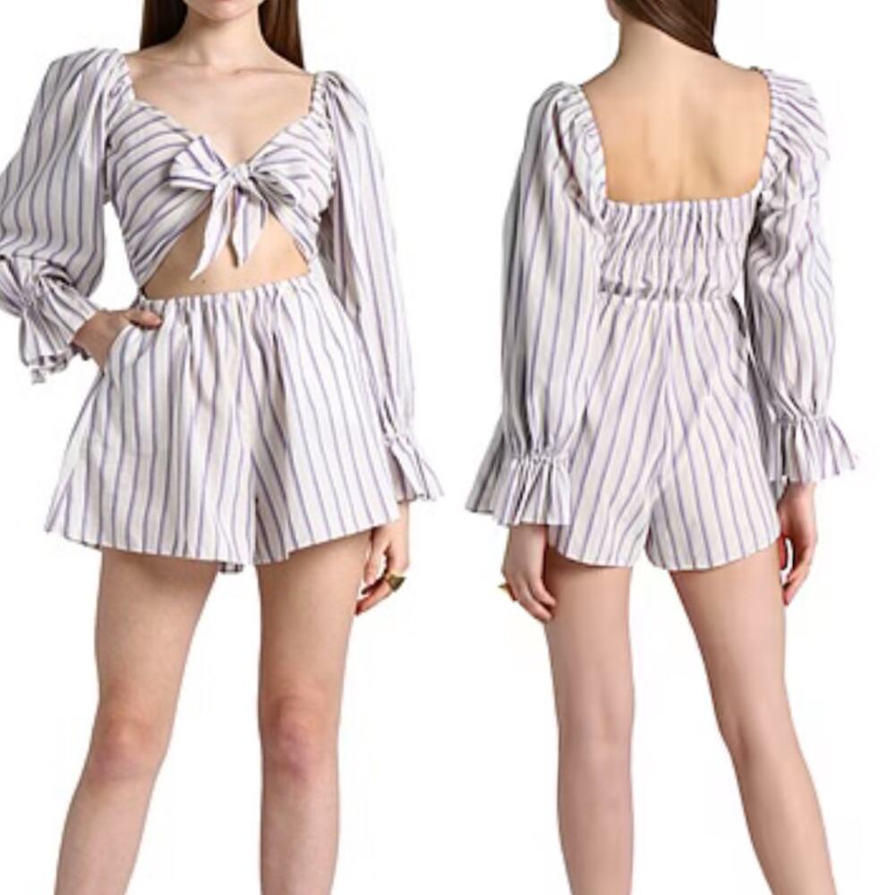 Topshop Stripe Tie Front Cutout Romper Purple White Bell Sleeve Coastal 6 NWT